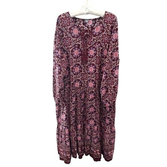 AERIE | Boho Floral Tiered Midi Dress Burgundy Pink Long Sleeve | XL - Picture 1 of 6